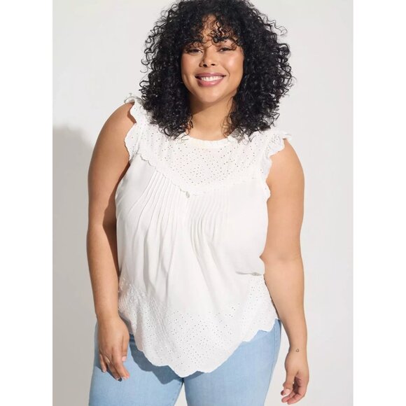 Torrid White Eyelet Sleeveless Top Lightweight Flutter Sleeve Sz 1 (1X) - Picture 1 of 11
